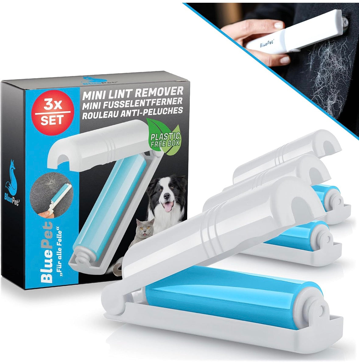 BluePet 3X Wiederverwendbare Fusselroller für Kleidung & unterwegs